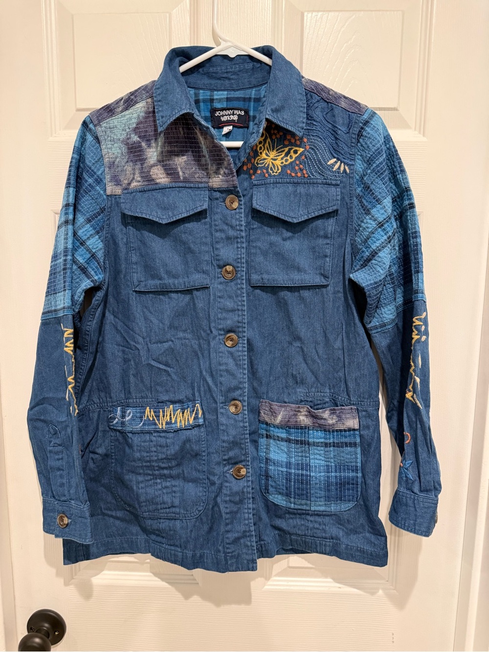 Johnny Was Blue Patchwork Denim Shirt Jacket with Embroidery
